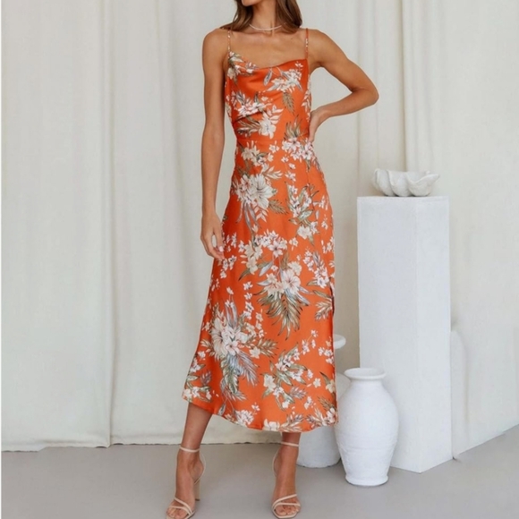 Paper Heart Spaghet Strap Slit Bohemian Dress  Swinging Floral Orange Midi Dress - Picture 1 of 11